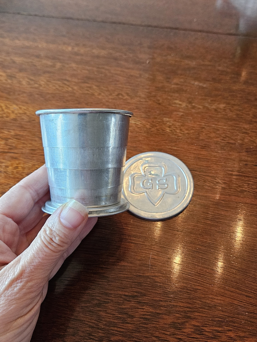 Vintage Collapsible Metal Aluminum Travel Camping Backpacking Cup - Silver Color
